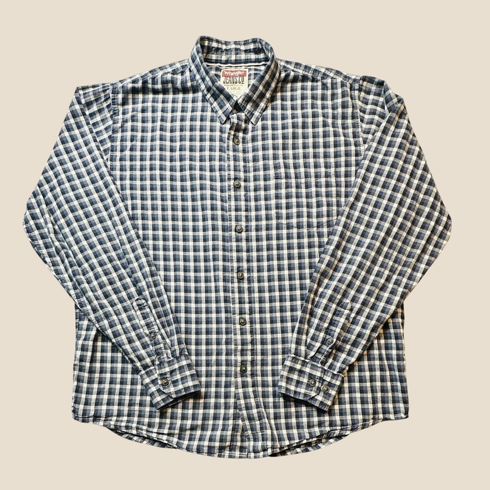 Wrangler Shirt Mens Large Button Down Gingham Navy Blue Check Premium Quality